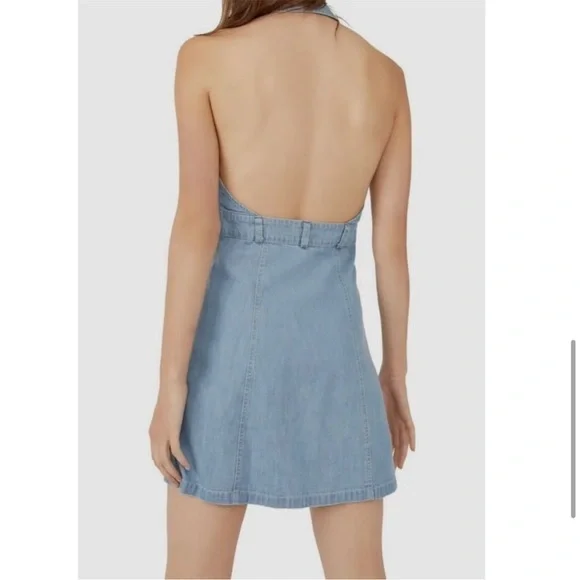 Free People Bali Blue Sami Denim Collared Halter Mini Dress